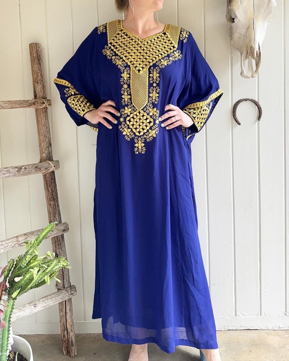 XL Boho Kaftan Blue with Hold Embroidered Dress. … - image 1