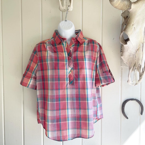 Vintage Pink Short Sleeve Button Up Plaid Shirt by Azzardo. Fall Checkered.