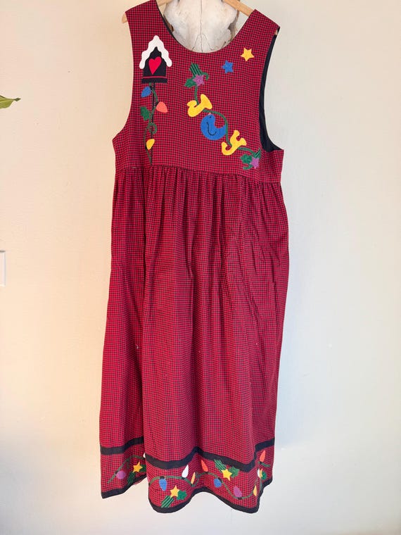 jumper dress for christmas Vintage Plaid Red and Black With a Snow Man, Bird House. Holiday Dress. Holiday Attire. Handmade. No Tags. Adorable! This charming mini dress