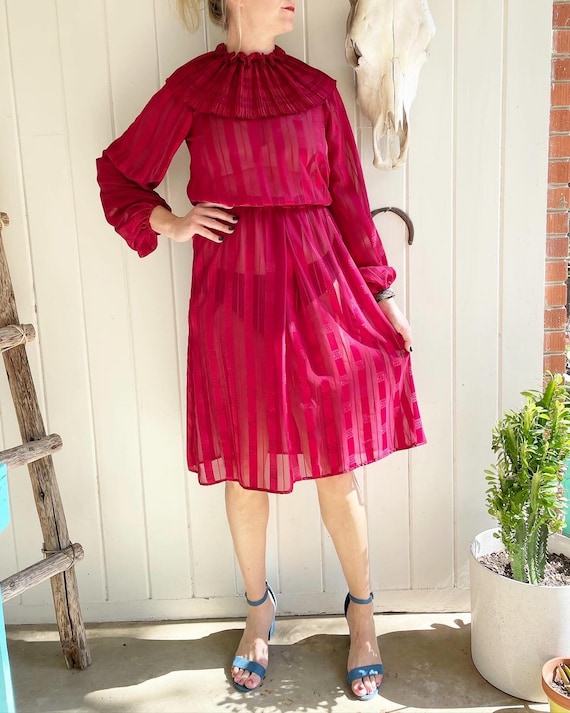 Vintage Tonal Stripe Plum Ruffle Dress by Donna Morgan for Non Stop. Poly Chiffon Striped Balloon Sleeves With Elastic