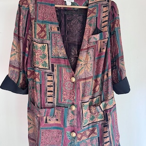 Vintage 1980s lightweight abstract patchwork blazer by Robert Too! Eclectic. Wearable art. Size 14WP. Rayon/poly.