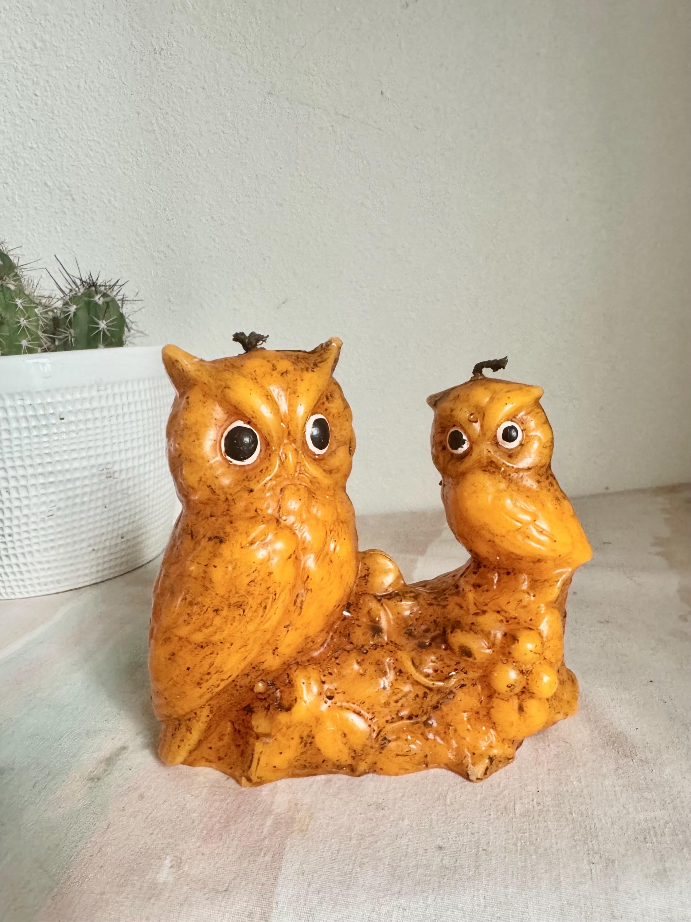 Vintage Owls Wax Candle Figurine 4.75" Orange-Brown Unused 1970's MCM Boho. Owls on a log.