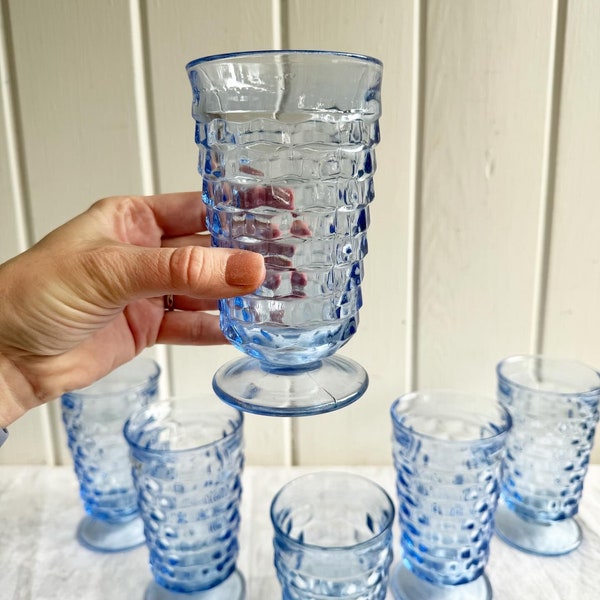 Whitehall Colony Light Blue Flared Rim, Footed Iced Tea Glasses. Blue Cube Pattern Footed Drinking Glasses