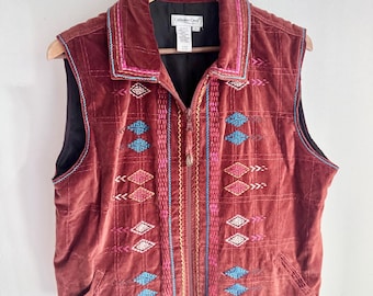 Coldwater Creek Women Large Embroidered Burnt Orange Zipper Vest. Southwest vibe. Earthy. Pockets.