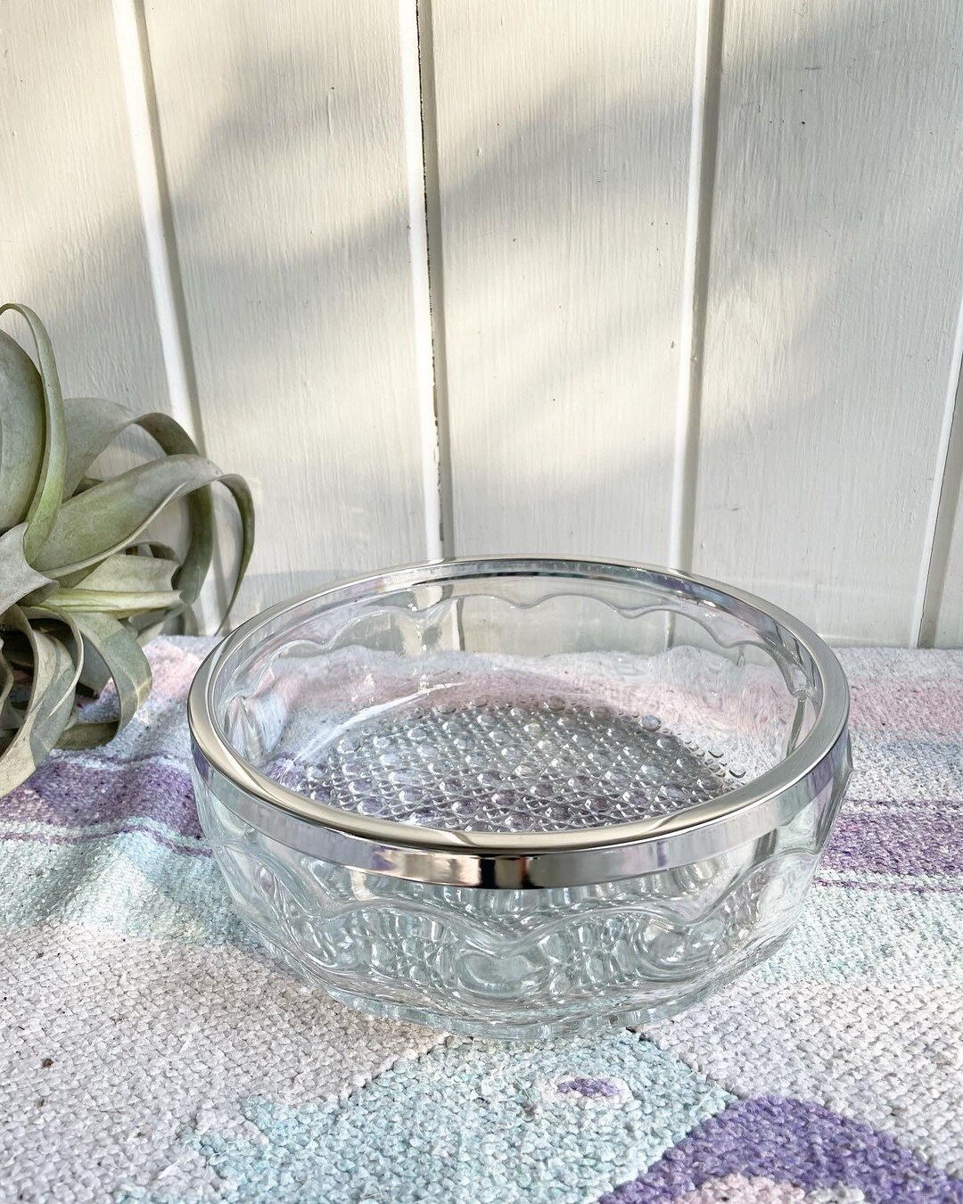 Vintage Cut Glass Bowl Silver Plated Rim Made in England. Christmas