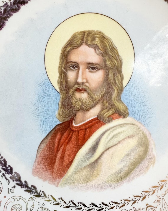 Vintage Jesus Hand Decorated 22 KT Gold Decorative Plate. Pearl