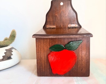 Vintage Wall Apple Wood Recipe Box. Match Box. Kitchen Decor. Country Kitchen. Hand Painted wood Apple piece attached to the front.