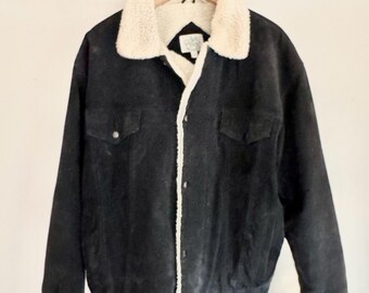 Vtg 90s Ash Creek Trading Genuine Leather Blue Sherpa Style Bomber Jacket Size XL