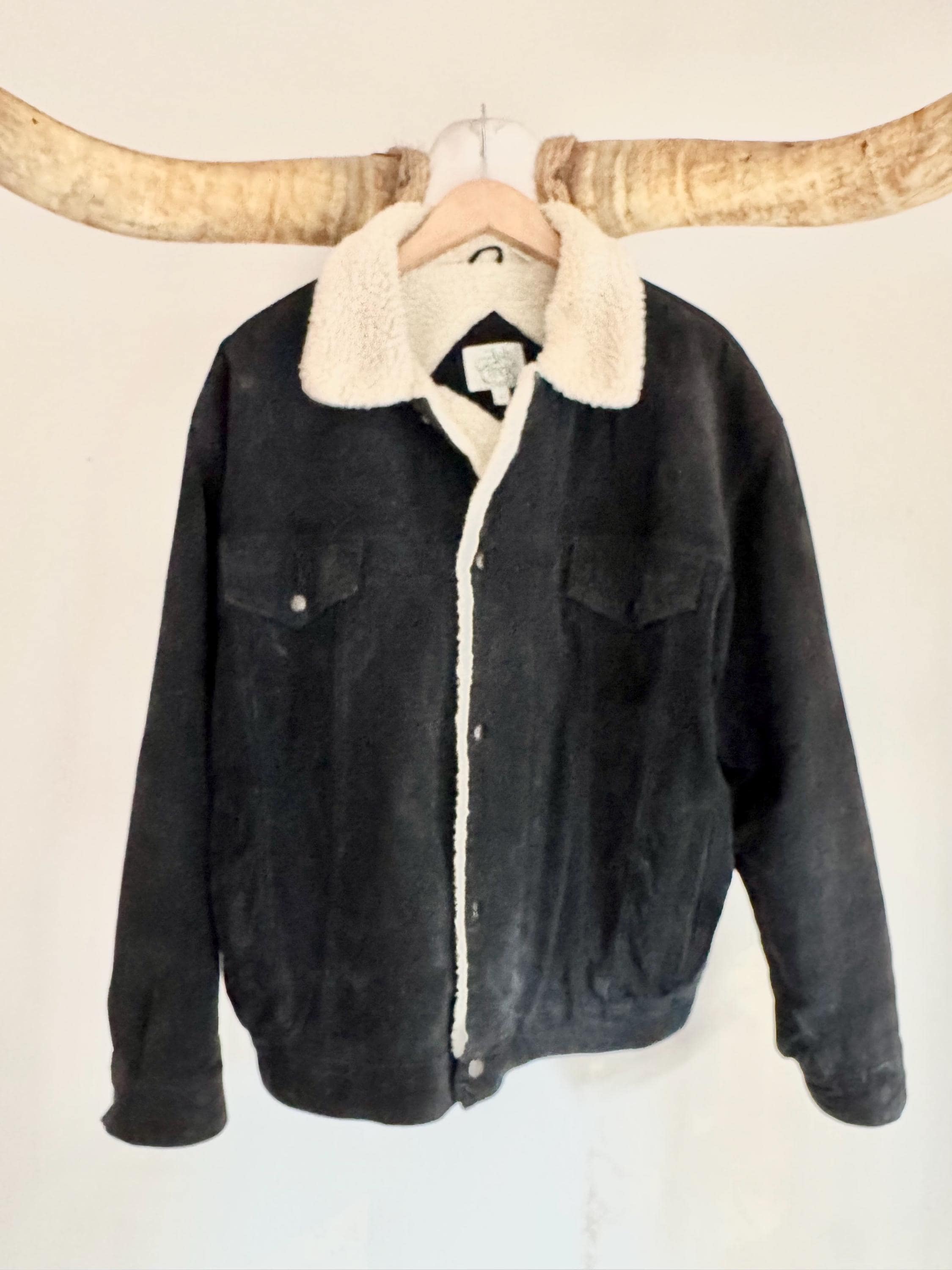 Vtg 90s Ash Creek Trading Genuine Leather Blue Sherpa Style Bomber 