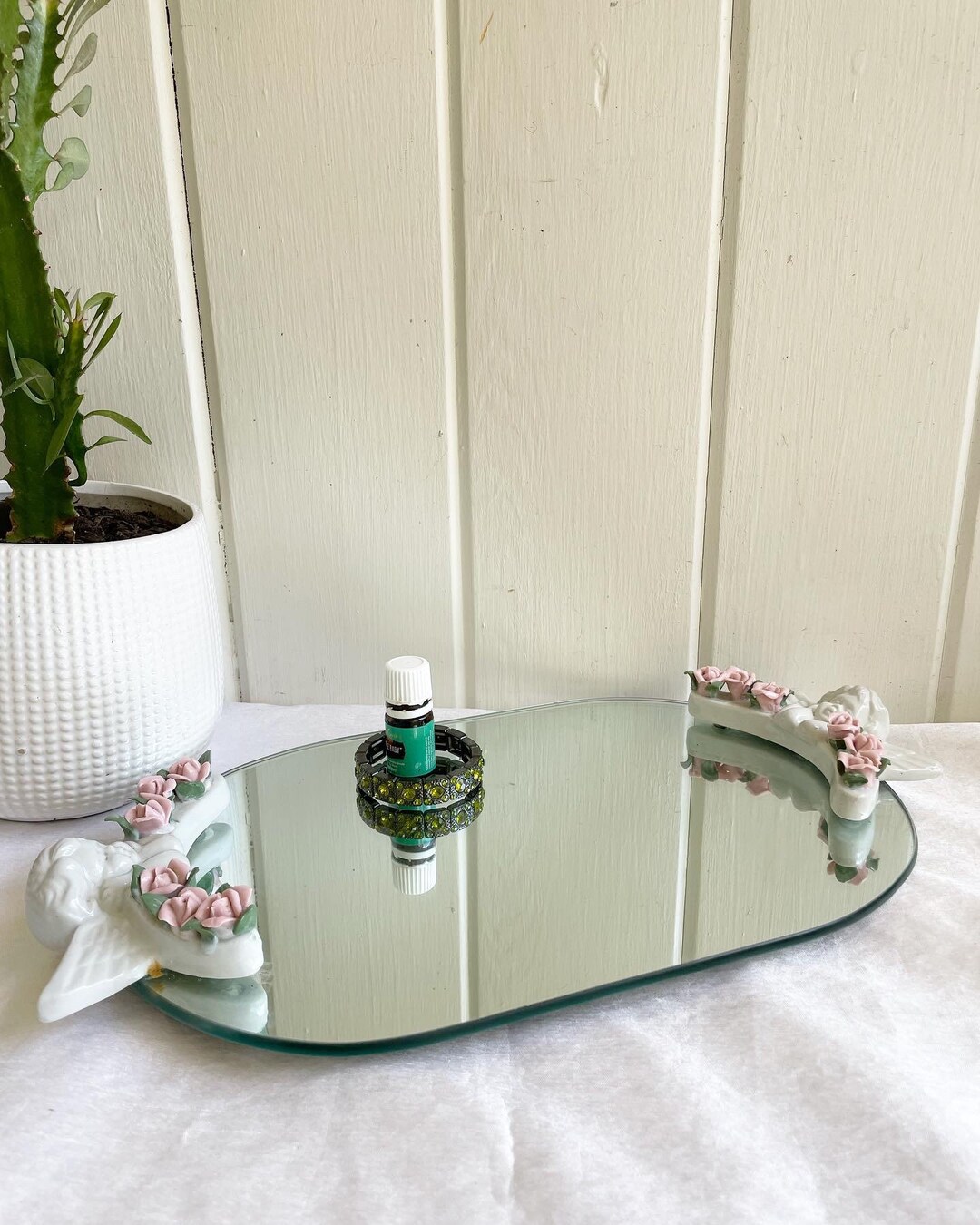 Vintage Oval Vanity Mirror With Porcelain Angels and Flowers. Etsy