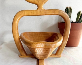 Apple Shaped Folding Collapsible Wooden Basket Fruit Bowl Trivet Country Décor. Fruit Veggie Bowl Decor.