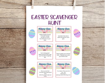 May include: A printable Easter scavenger hunt game with six clues. Each clue is on a separate card with a pink and blue Easter egg design. The clues are numbered 1 through 6. The text on the cards includes phrases like "Hippity Hoppity Hooray!" and "Zoom Zoom!"