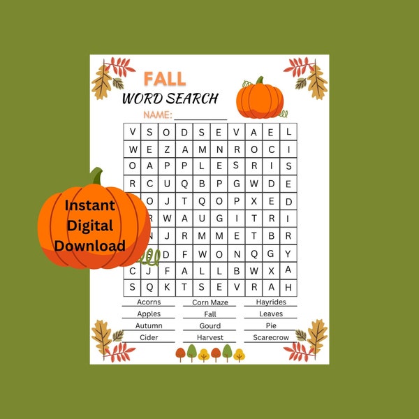 Fall Word Search Game, Fall Word Find Printable Game, Pumpkin, Autumn Word Search, Classroom Word Find Game, Word Game