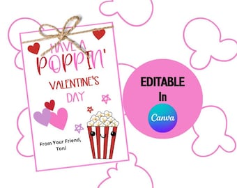 Printable Have a Popping Valentine's Day Card, Popcorn Valentine Tag, DIY Valentine's Day Gift Tag, Kids Classroom Valentine, Editable