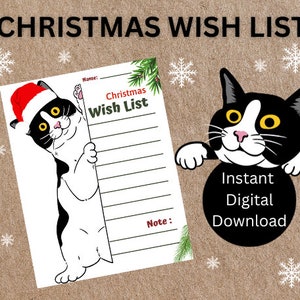 Christmas Wish List, Christmas Download, Santa List, Santa Wish List, Instant PDF Download, Holiday List, Home Printable, Cute Cat Xmas List