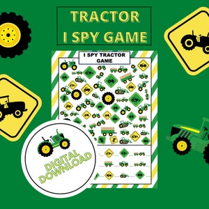 Printable I SPY Green & Yellow Tractor Game, Tractor Activity, Homeschool, Classroom, and Birthday Parties