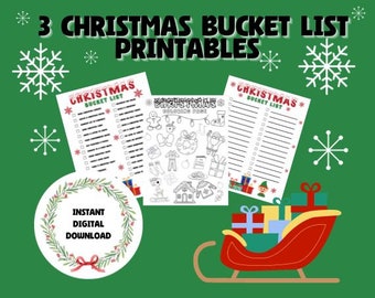 Può includere: Tre modelli di lista dei desideri di Natale stampabili. I modelli includono una lista di controllo, una pagina da colorare e una lista dei desideri vuota. L'immagine include anche una slitta rossa e bianca con i regali e una ghirlanda verde con il testo "Download digitale istantaneo".