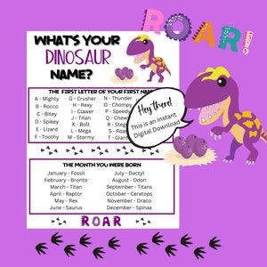 Qual é o seu jogo de nome de dinossauro, jogo de nome para impressão de dinossauro engraçado, jogo de festa de dinossauro, jogo de festa infantil, jogo de nome de aniversário de dinossauro