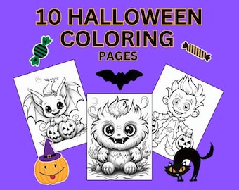 Può includere: 10 pagine da colorare di Halloween con illustrazioni in bianco e nero di un pipistrello, un mostro, un vampiro, una zucca e una strega.