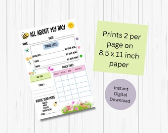 Daycare Report Mail, Summer-themed Daycare Daily Log Printable, Potty Log, Nap Schedule, Food Log, 8.5"x 11" 2 Per Page Instant Download