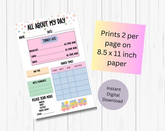May include: Printable daily log for tracking a baby's day. The sheet includes sections for meals, nap time, diaper changes, and notes. The design features a colorful train and the text "All About My Day".