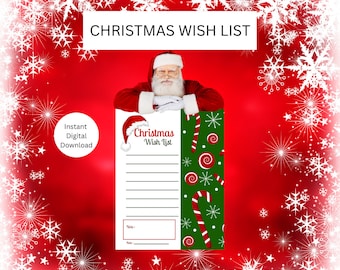 Op de afbeelding: Printbare kerst verlanglijst met een illustratie van de kerstman. De lijst heeft een groene achtergrond met snoepstokken en swirl-ontwerpen. De tekst "Christmas Wish List" staat bovenaan de lijst.