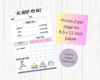 Daycare Report Mail, Baby-themed Daycare Daily Log Printable, Potty Log, Nap Schedule, Food Log, 8.5"x 11" 2 Per Page Instant Download