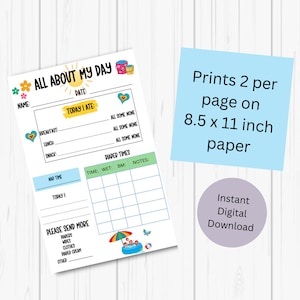 May include: Printable daily log sheet for a child. The sheet has sections for name, date, breakfast, lunch, snack, diaper times, nap time, and a section for notes. The sheet also has a section for requesting additional supplies such as diapers, wipes, clothes, diaper cream, and other. The sheet has a colorful design with a sun, buckets, and a pool.