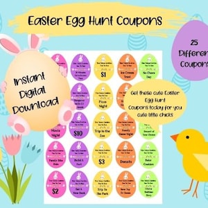Easter Egg Tokens, Printable Easter Egg Coupons, Instant Digital Download Easter Egg Coupons for kids, Easter for kids, 25 Fun Egg Coupons