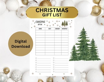 Könnte beinhalten: Eine weiße, druckbare Weihnachtsgeschenkeliste mit einem goldenen Banner mit der Aufschrift "Weihnachtsgeschenkeliste". Die Liste enthält Abschnitte für Name, Geschenk, gekauft und verpackt. Ein goldener Kreis mit "Digitaler Download" befindet sich links.