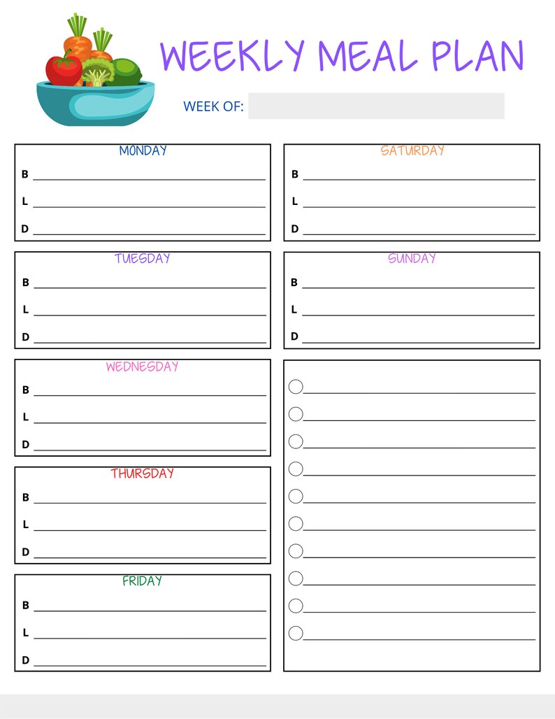 Simple Colorful Meal Planner Printable Weekly Meal Planner | Etsy