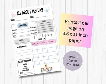 May include: Printable daily log for tracking a baby's feeding, diaper changes, and nap times. The printable features a simple design with a light gray background and black text. The printable includes sections for "Today I Ate", "Nap Time", "Diaper Times", and "Note/Comments".