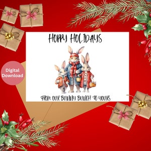 Christmas Card, Hoppy Holidays DIGITAL Download, Printable Christmas Card Featuring Xmas Bunny Rabbits, Print 8.5&quot; by 11&quot;, Cut to 5&quot; x 7&quot;