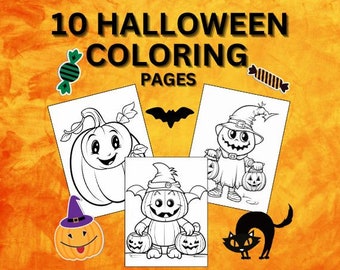 Può includere: Dieci pagine da colorare di Halloween in bianco e nero con zucche, pipistrelli, una strega e un gatto nero. Il titolo "10 HALLOWEEN COLORING PAGES" è in cima all'immagine.
