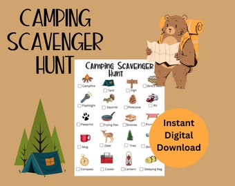 May include: A printable camping scavenger hunt checklist with illustrations of camping items like a tent, campfire, flashlight, and a cooler. The checklist is next to a cartoon illustration of a bear wearing a backpack and holding a map. The text "Camping Scavenger Hunt" is at the top of the checklist. The text "Instant Digital Download" is in a circle at the bottom right of the image.