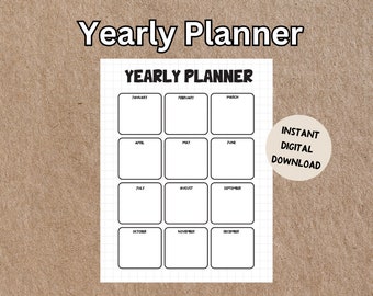 Year at a Glance Planner, Yearly Overview Printable, Minimalist Yearly Planner on One Page, 12 Month Overview, Printable Instant Download