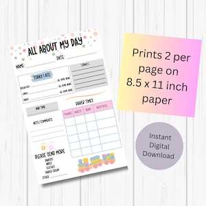 Può includere: Foglio di registro giornaliero per neonati stampabile con un design di treno colorato. Il foglio include sezioni per il nome, la data, l'ora, bagnato, BM, note e una sezione per ciò che il bambino ha mangiato. Il foglio include anche una sezione per informazioni aggiuntive, come pannolini, vestiti, crema per pannolini e altro.