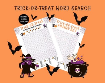 Op de afbeelding: Een oranje achtergrond toont een woordzoeker met Halloween-thema. De woorden "Trick-or-Treat" staan bovenaan. De afbeelding bevat vleermuizen, een heks, een ketel en de tekst "Instant Digital Download".