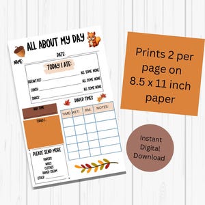 以下が含まれることがあります： 「All About My Day」というタイトルの印刷可能な日誌で、名前、日付、食事の追跡のセクションがあります。おむつ交換時間表と物資の要求が含まれています。オレンジ色の正方形には「8.5 x 11インチの紙に2ページ印刷」と書かれています。