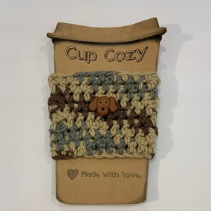 Crochet Cup Cozy, Variegated Cup Cozy, Crochet Cup Cozy with Dog Button