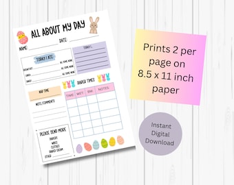 May include: Printable Easter-themed daily log for tracking a baby's feeding, diaper changes, nap time, and notes. The printable features a cute bunny and chick design and is 8.5 x 11 inches.