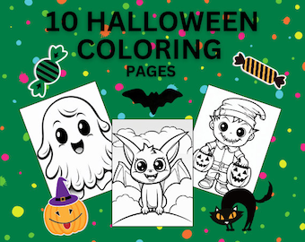 Può includere: Dieci pagine da colorare di Halloween in bianco e nero con un fantasma, un pipistrello, un vampiro e un bambino che chiede dolcetti. Le pagine sono circondate da uno sfondo verde con pois colorati.