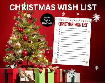 Op de afbeelding: Een afdrukbare kerst verlanglijst met een feestelijke rood-groene rand. De lijst heeft 15 regels om cadeau-ideeën op te schrijven. De afbeelding bevat ook een kerstboom met ornamenten en een rode achtergrond.