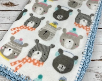 Crochet Edge Fleece Baby Blanket, Baby Shower Gift, Stroller Blanket, Receiving Blanket, Baby Gift Basket Idea, Baby Boy Gift