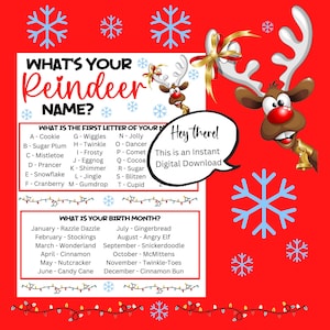 What&#39;s Your Reindeer Name Game, Funny Christmas Printable Name Game, Christmas Party Game, Holiday Party Game, Instant PDF Download
