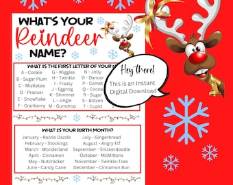 What's Your Reindeer Name Game, Funny Christmas Printable Name Game, Christmas Party Game, Holiday Party Game, Instant PDF Download