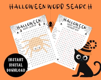 Op de afbeelding: Een printbare Halloween-woordzoeker met een illustratie van een zwarte kat. De puzzel bevat woorden die te maken hebben met Halloween, zoals "vampier", "spook" en "vleermuis".