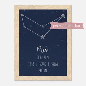Póster de nacimiento personalizable con constelación dibujada a mano: carta natal individual para la habitación de un bebé | A4 y A3
