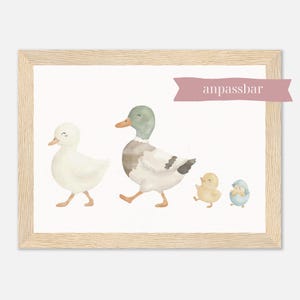 Póster personalizable de familia de patos con pollitos para la habitación infantil | A5 A4 A3
