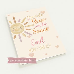 Personalisierte Einladungskarte zum 1. Geburtstag – „Die erste Reise um die Sonne“ mit Name des Kindes | Set mit 10 Karten